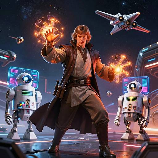 Photograph-style CGI: Luke Skywalker wielding Force energy, surrounded by R2-D2 and C-3PO in a futuristic, neon-lit spaceship