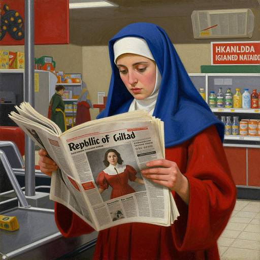 Photograph of a nun in a blue and white habit and red dress, reading a newspaper titled 