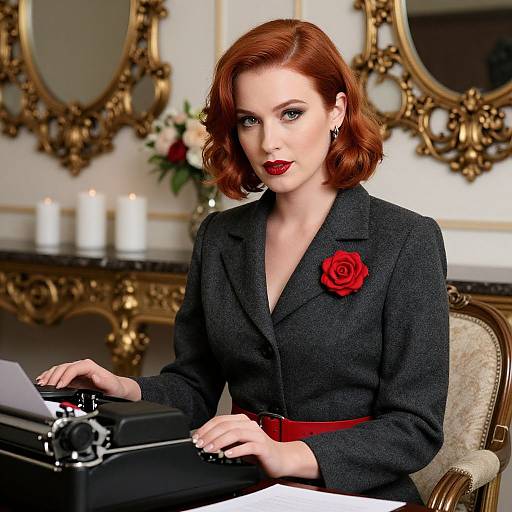 Photorealistic image of a red-haired woman with vintage styling, wearing a black suit with red rose, typing on an antique typewriter, surrounded by