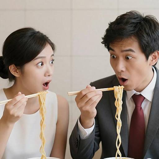 Asian Couple Enjoying Noodles Together
