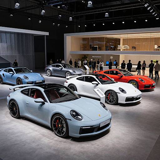 Photograph of four high-performance Ferraris in white, silver, and red, displayed in a brightly lit showroom with attendees in the background.