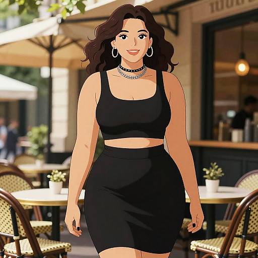 Curvy Woman in Black Outfit at French Cafe