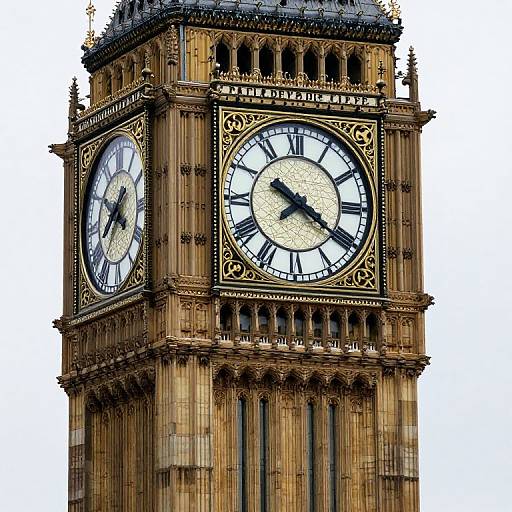 Photograph of the detailed, ornate clock tower of Big Ben, featuring two large, white clock faces with black Roman numerals and hands, against