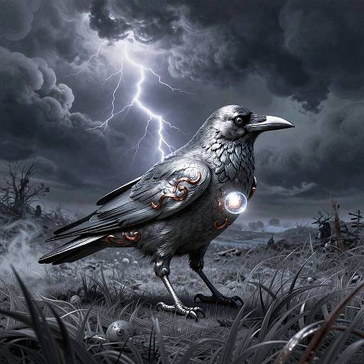 Digital artwork of a dark, metallic crow with glowing eyes and lightning bolts in a stormy, cloud-filled sky. The crow stands on grass with scattered