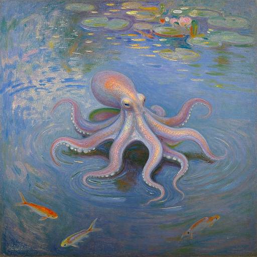 Impressionistic Octopus in Water Lilies Pond