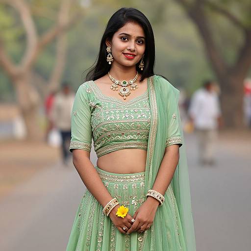 Photograph of a smiling Indian woman in a green traditional lehenga choli with gold embroidery, matching jewelry, and a yellow flower on her wrist,