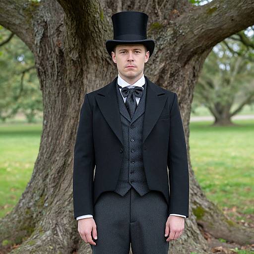 Photograph of a young Caucasian man in Victorian attire, black top hat, dark suit, white shirt, black tie, standing in front of a large