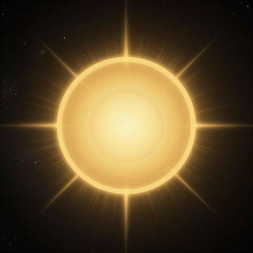 Photograph of a bright, glowing yellow sun centered against a black, star-speckled night sky, with radiant starburst rays extending outward.
