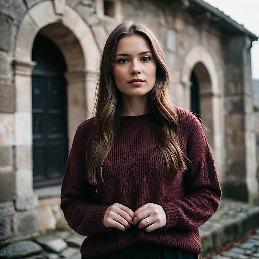 Young Woman in Burgundy Sweater Outdoors