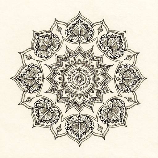 Detailed black-and-white mandala drawing with intricate floral and leaf patterns, radiating from a central circle, symmetrical and ornate design.