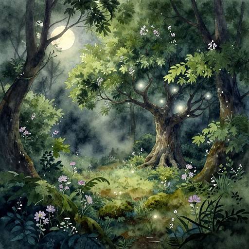Magical forest scene: luminous fireflies glow around tall, moss-covered trees with dense, green foliage and delicate, white flowers under a bright,
