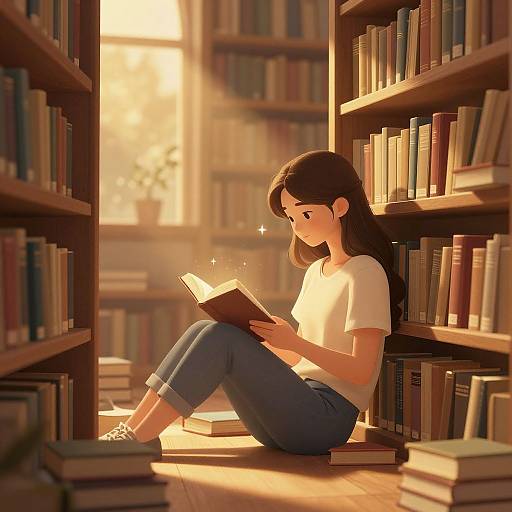 Digital illustration of a young woman with long brown hair, wearing a white t-shirt and blue jeans, reading a book in a sunlit library between tall