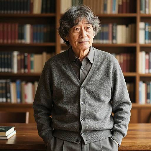 Photograph of an elderly Asian man with short, disheveled black hair, wearing a gray cardigan over a black shirt, standing in a well