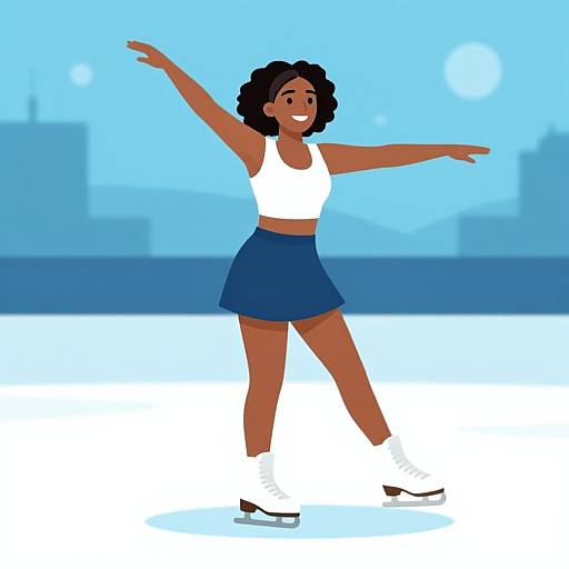 Digital illustration of a smiling Black woman with curly hair, wearing a white crop top, blue skirt, and white ice skates, gliding on an