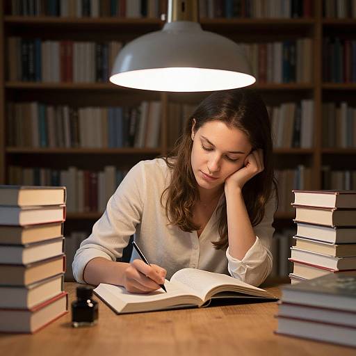 Photograph of a focused brunette woman in a white blouse, writing in an open book, surrounded by tall stacks of books, under a bright white lamp
