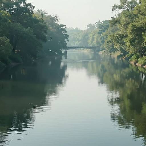 Photograph of a serene, misty river with a small, arched bridge in the background, flanked by dense, green trees.