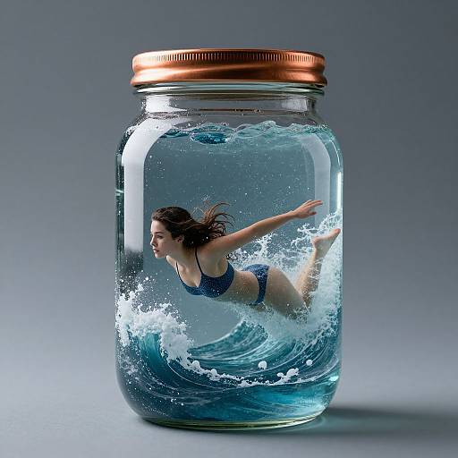 Photograph of a woman in a blue swimsuit, swimming inside a clear glass jar with water, copper lid, against a gray background.