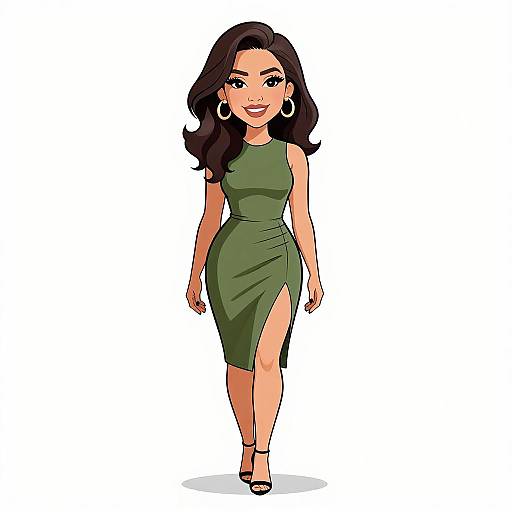 Cartoon-style illustration of a confident woman with long black hair, wearing a green, sleeveless, high-slit dress, and black heels, with