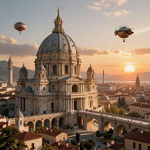 Photograph of a sunset over Barcelona's Basilica of Santa Maria del Mar, with two hot air balloons and historic rooftops.