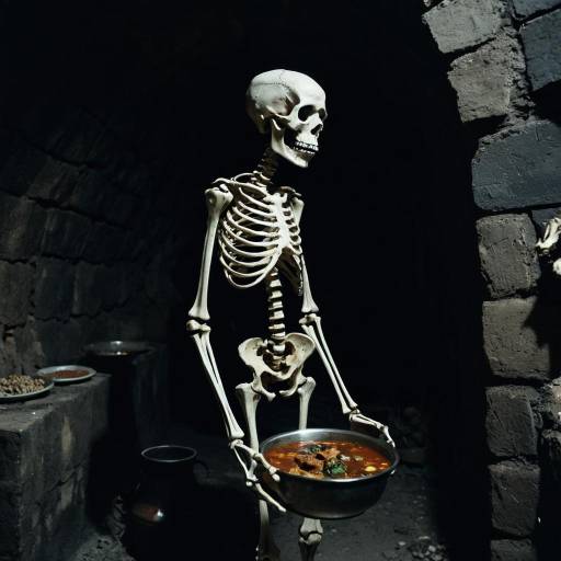Skeleton Holding Bowl of Stew in Dark Catacomb