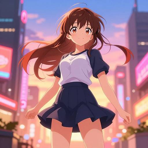 Anime Girl in Short Skirt at Sunset Cityscape