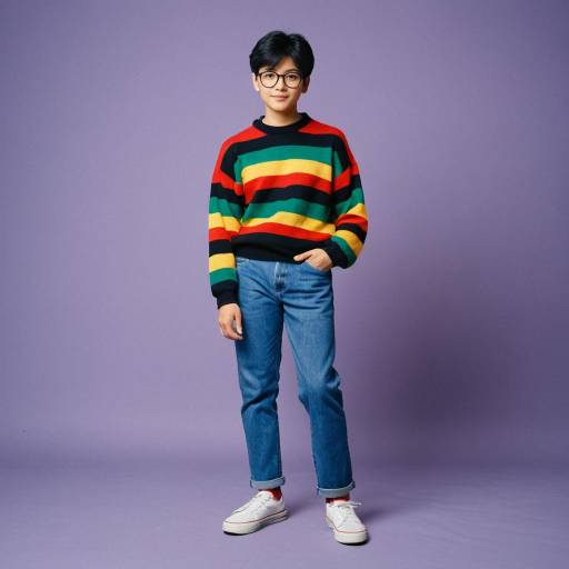 Boy in Colorful Striped Sweater and Denim Jeans