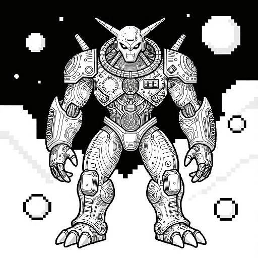 Black and white digital drawing of a heavily armored, robotic creature with horns, pixelated background, intricate mechanical details, and a menacing stance.