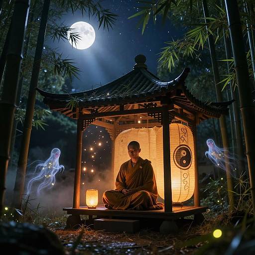 Mythical Nightscape with Meditative Monk
