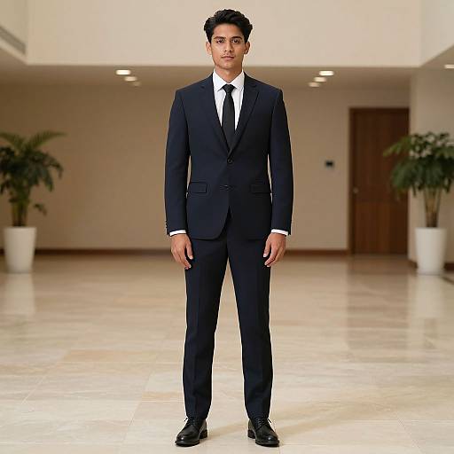 Photograph of a young South Asian man with short black hair, wearing a dark navy suit, white shirt, black tie, and black shoes, standing