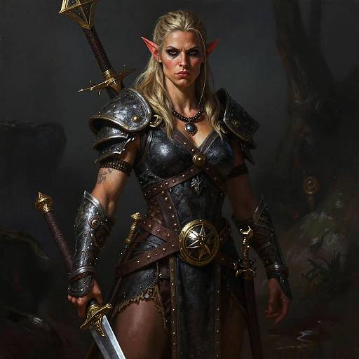 Digital art of a muscular, blonde elf warrior with pointed ears, wearing dark, armored attire, holding a sword, and standing in a dimly lit