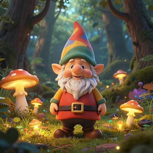 Digital art of a cheerful, cartoon gnome with a colorful hat, red shirt, and black belt, standing in a magical forest with glowing mushrooms.