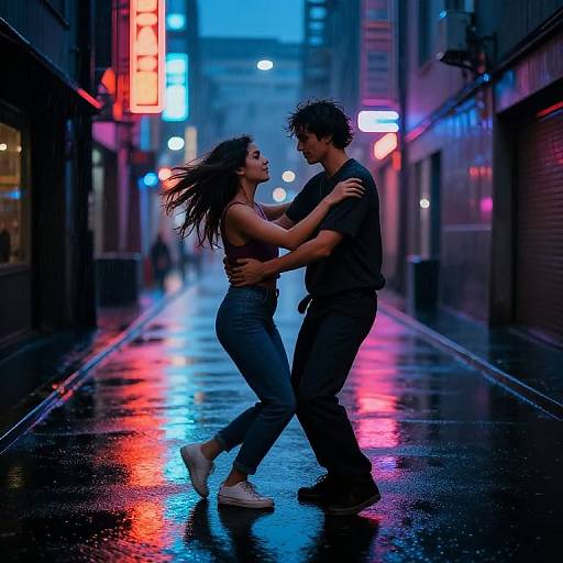 Photograph of a couple dancing in a neon-lit, rainy urban alley at night, with vibrant blue, red, and pink reflections on the wet