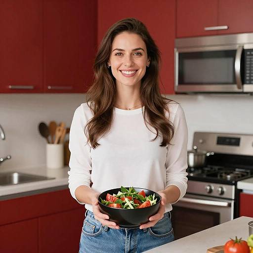Smiling Woman Holding Fresh Salad