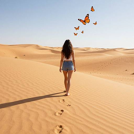 Photograph of a woman with long brown hair in denim shorts, facing away, walking in sunlit desert, with six orange butterflies flying above.