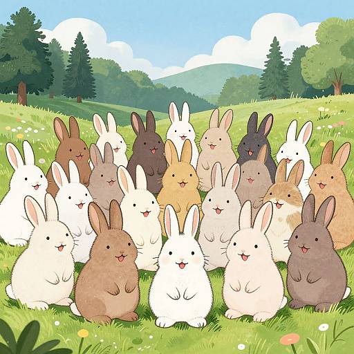 Large Group of Smiling Rabbits in Green Meadow