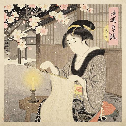 Traditional Japanese ukiyo-e woodblock print of a serene woman in a floral kimono, sewing by candlelight, cherry blossoms in the background