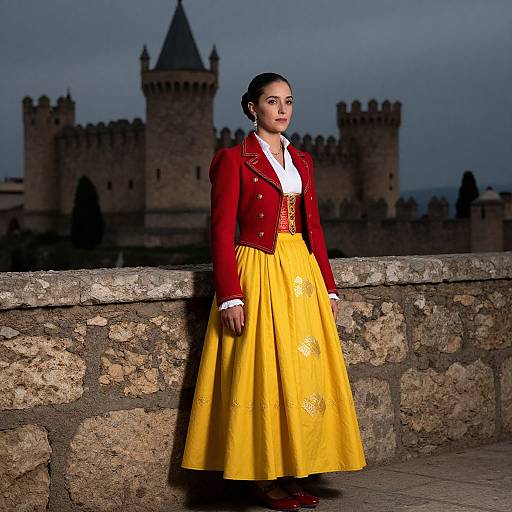 Photograph of a woman with dark hair, wearing a red jacket, white blouse, and yellow skirt, leaning against a stone wall, with a castle