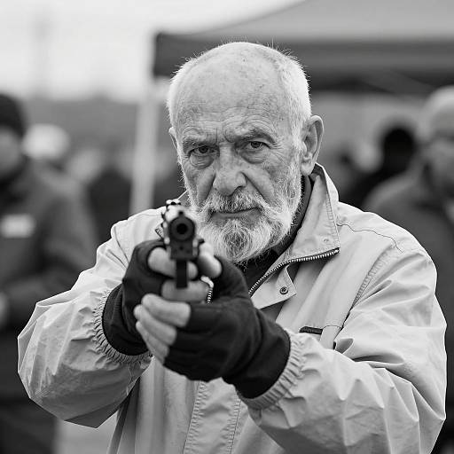 Elderly Man Aiming Handgun in B&W