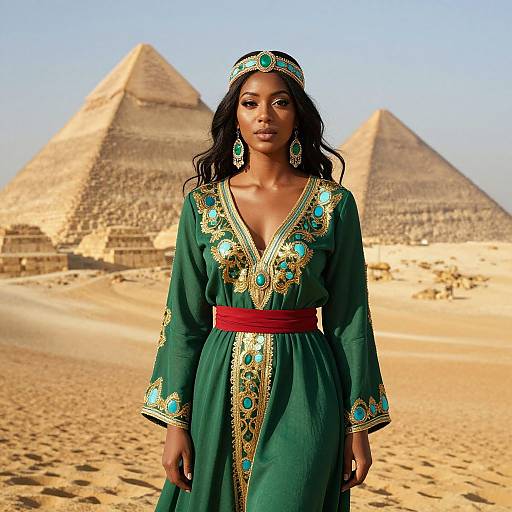 Photograph of a Black woman in a green, gold-embroidered dress with turquoise details, red sash, and turquoise headpiece, standing