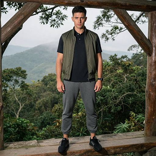 Photograph of a young man with short dark hair, wearing an olive vest, black shirt, gray pants, and black shoes, standing on a wooden
