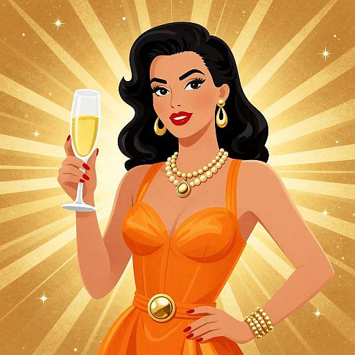 Digital illustration of a glamorous woman with black hair, red lipstick, gold jewelry, and an orange dress, holding a champagne glass against a radiant golden background