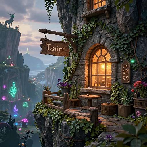Fantasy cliffside tavern with glowing sign, warm lit window, wooden benches, and vibrant, magical neon lights in a misty, mountainous landscape