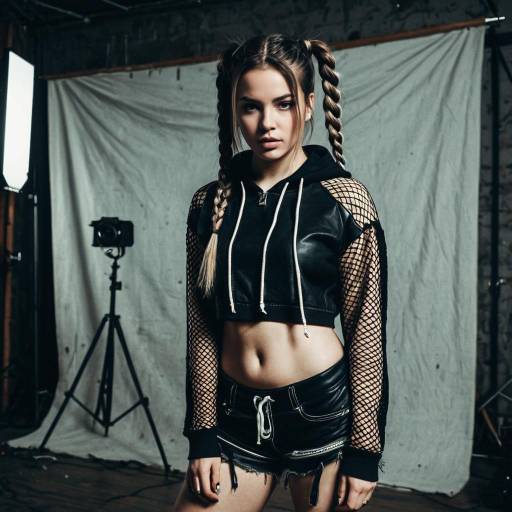 Fashion Model in Black Fishnet and Leather Outfit