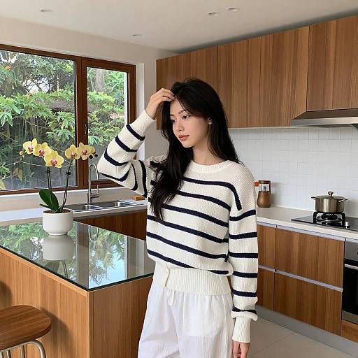 Relaxed Woman in Modern Kitchen Setting