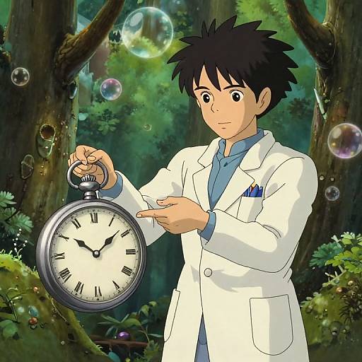 Anime-style digital illustration of a young man with spiky black hair, wearing a white lab coat, holding a vintage pocket watch in a lush, green
