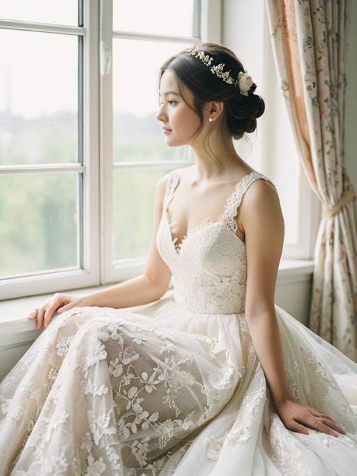 Young Bride in White Lace Wedding Dress by Window
