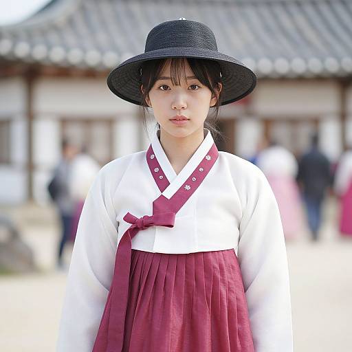 Photograph of a young Japanese woman in traditional white kimono with red hakama, black woven hat, standing outdoors in front of a blurred traditional building