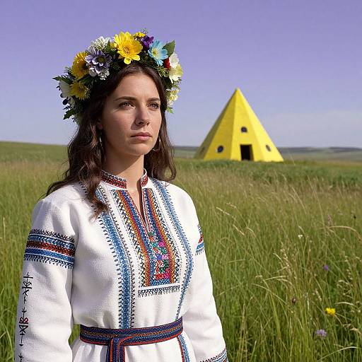 Photograph of a young woman with a flower crown, wearing a white embroidered dress, standing in a grassy field with a yellow pyramid tent in the