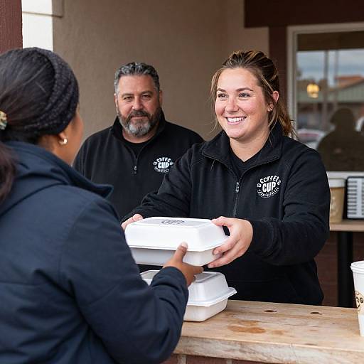 Photograph of two smiling, black-clad employees in a cafe, handing food to a customer with braided hair, gray-bearded man in background