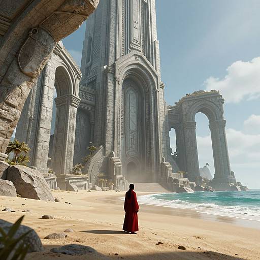 Photorealistic CGI: lone figure in red robe stands on golden beach, facing massive, ancient, grey stone arches and towering pillars by turquoise ocean